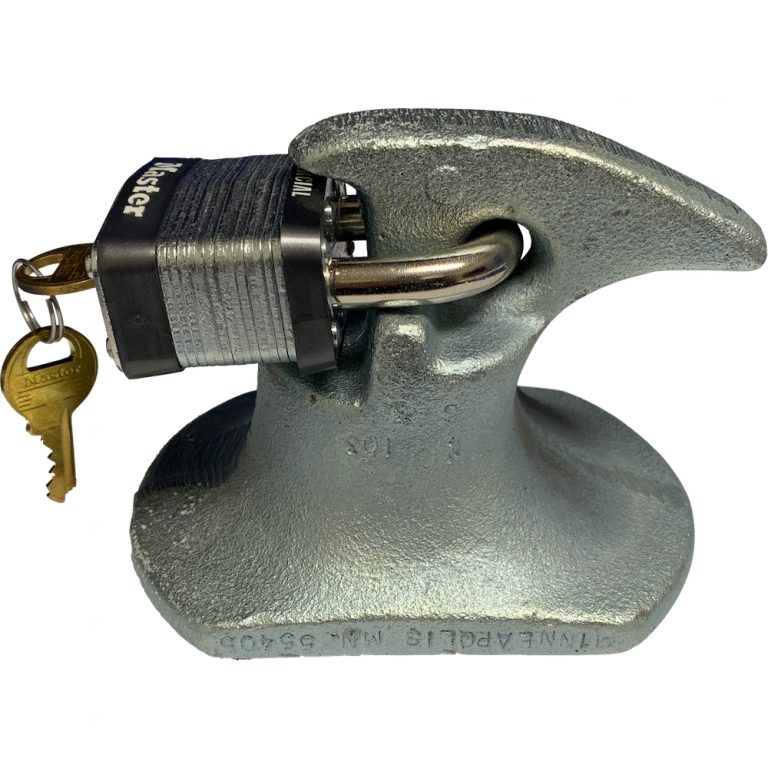Cargo Protectors MP105 pintle hitch lock with Master Lock model 1KA padlock and Cargo Protectors logo on body of pintle hitch lock.
