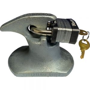 Cargo Protectors MP105 pintle hitch lock with Master Lock model 1KA padlock and Cargo Protectors logo on body of pintle hitch lock.
