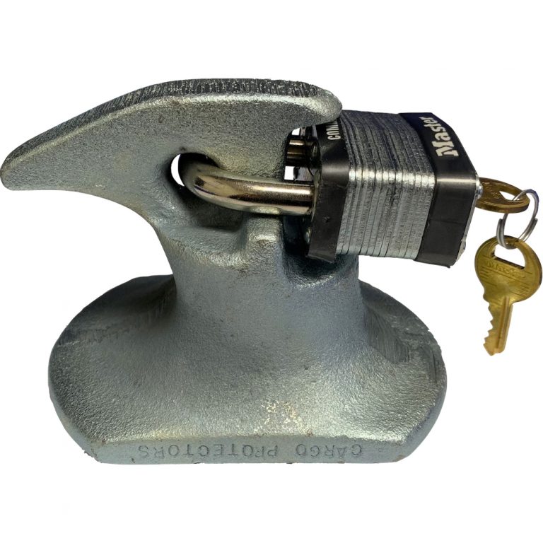 Cargo Protectors MP105 pintle hitch lock with Master Lock model 1KA padlock and Cargo Protectors logo on body of pintle hitch lock.