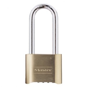 Master Lock model 175LH resettable combination padlock with Master Lock logo on front of brass body.