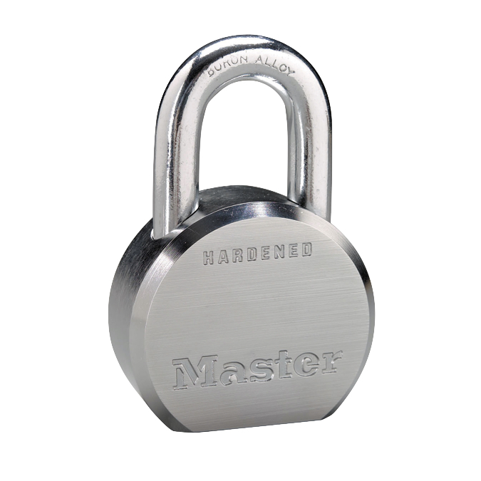 Master Lock model 6230 Pro Series solid body padlock with Master Lock logo and the word hardened on front of body.