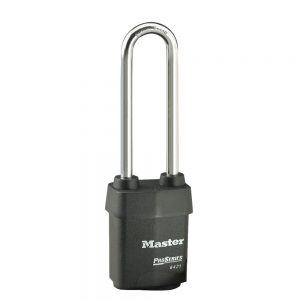 Master Lock model 6421LJ padlock with laminated black weather tough material covering body with Master Lock logo and ProSeries 6421 on front of body.