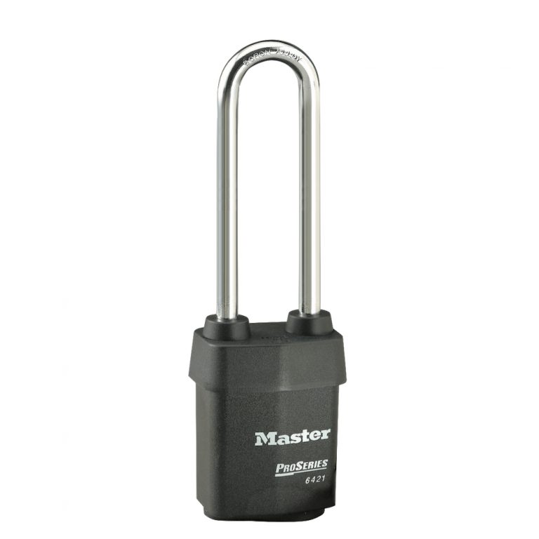 Master Lock model 6421LJ padlock with laminated black weather tough material covering body with Master Lock logo and ProSeries 6421 on front of body.