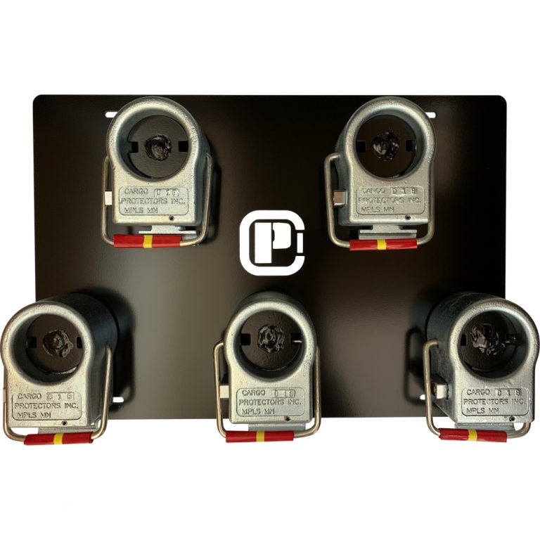 Cargo Protectors king pin rack with three placement hooks pictured with three Cargo Protectors king pin locks.