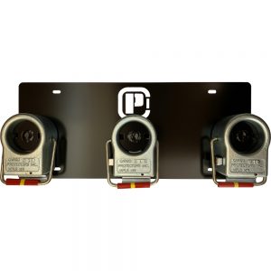Cargo Protectors king pin rack with three placement hooks pictured with three Cargo Protectors king pin locks.