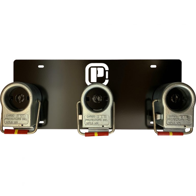 Cargo Protectors king pin rack with three placement hooks pictured with three Cargo Protectors king pin locks.