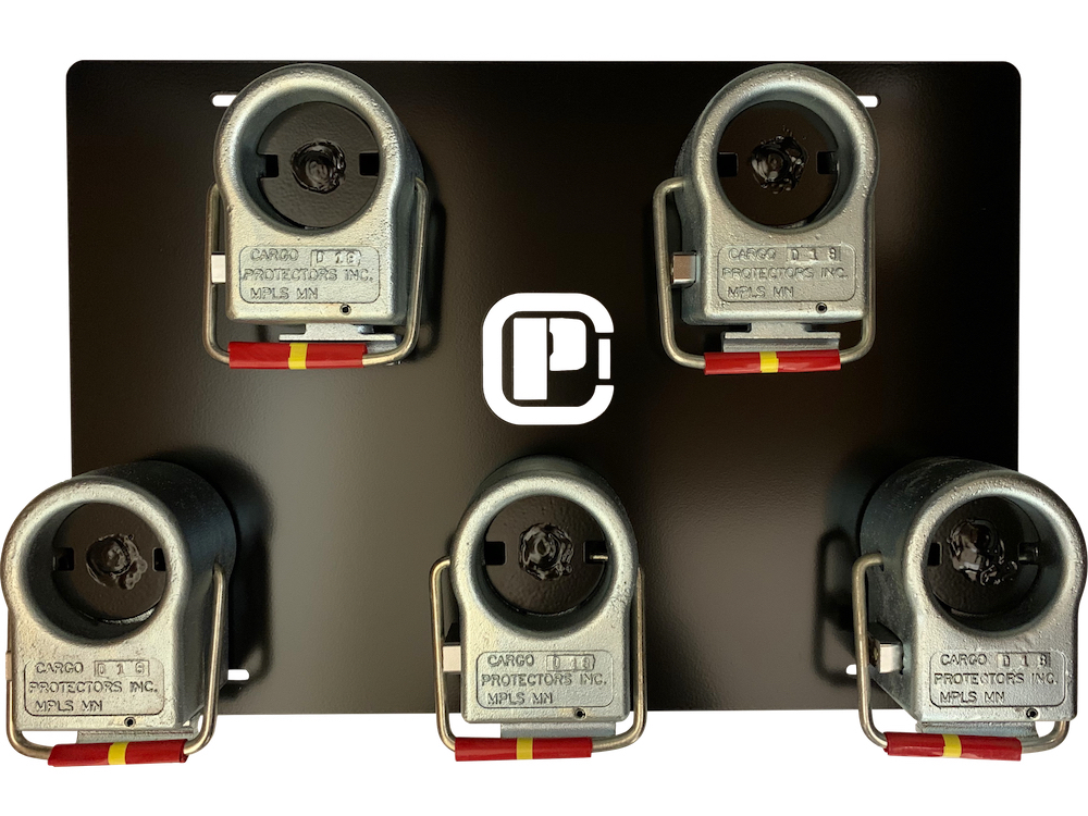 Cargo Protectors king pin rack with five placement hooks pictured with five Cargo Protectors king pin locks.
