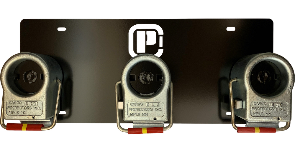 Cargo Protectors king pin rack with three placement hooks pictured with three Cargo Protectors king pin locks.