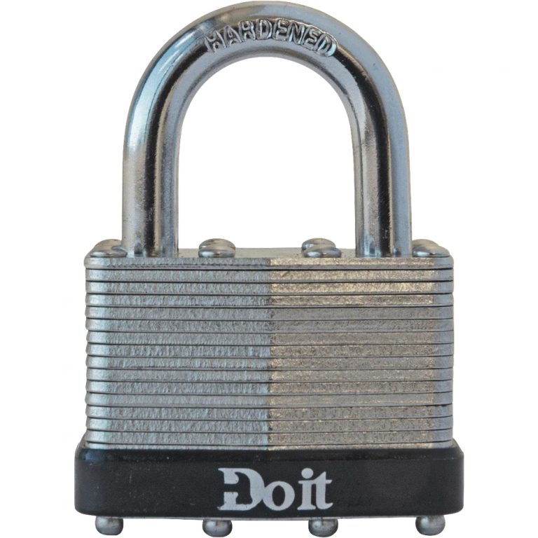 Do It brand basic laminated steel padlock with hardened shackle and keys.