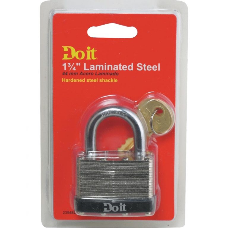 Do It brand basic laminated steel padlock with hardened shackle and keys.