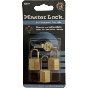 Master Lock 3115D three mini brass padlocks with keys.
