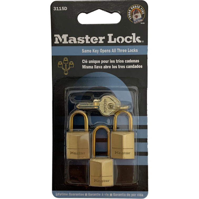 Master Lock 3115D three mini brass padlocks with keys.
