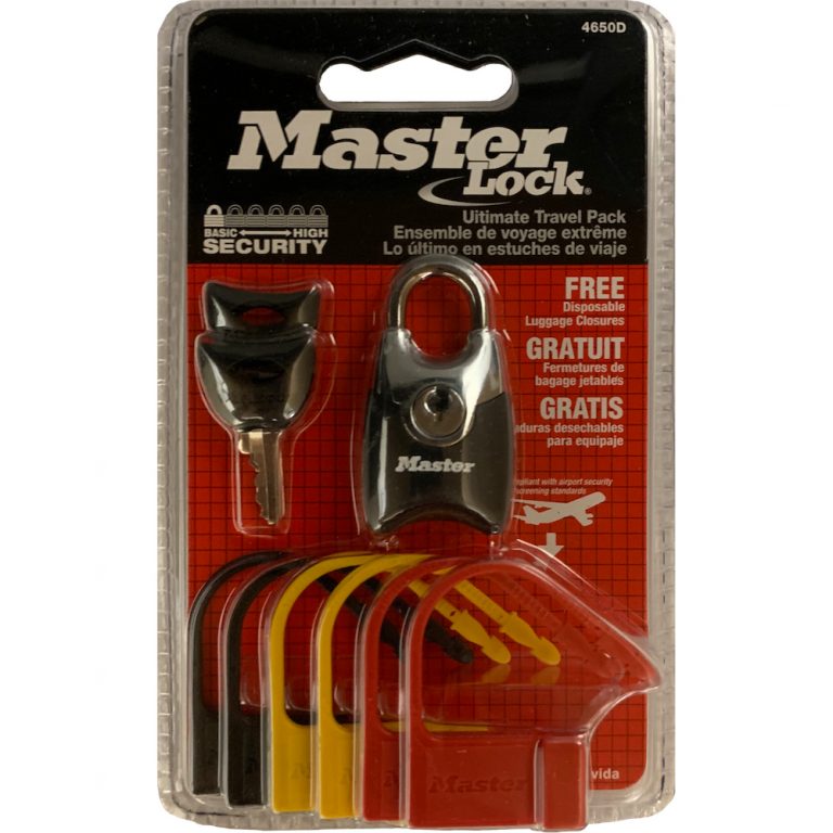 Master Lock travel pack with small travel padlock, two keys, and six disposable closures.