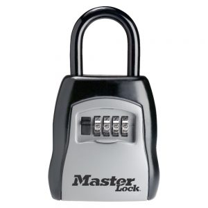 Master Lock 5400D key storage padlock locked with four combination dials.