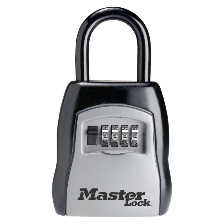 Master Lock 5400D key storage padlock locked with four combination dials.
