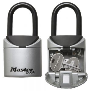 Master Lock 5406D key safe padlock shown locking up keys inside.