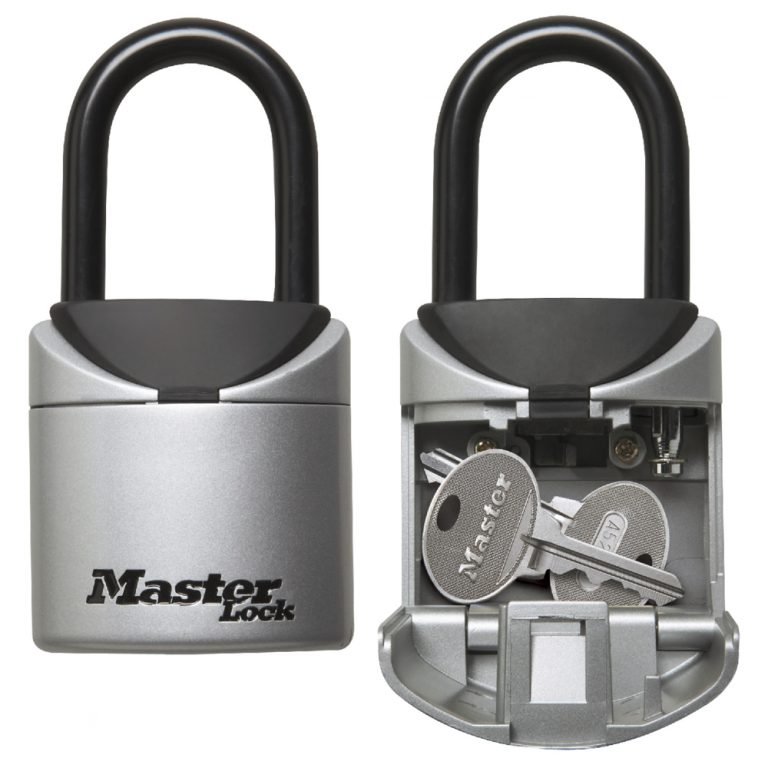 Master Lock 5406D key safe padlock shown locking up keys inside.