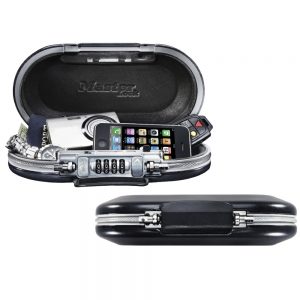 Master Lock 5900D portable safe black color shown securing valuables.