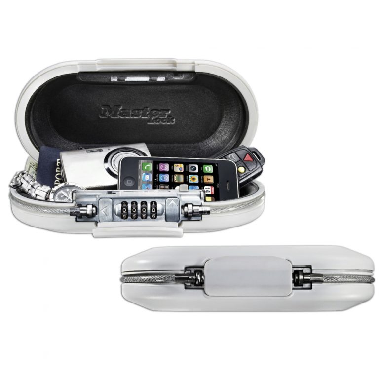 Master Lock 5900D portable safe black color shown securing valuables.